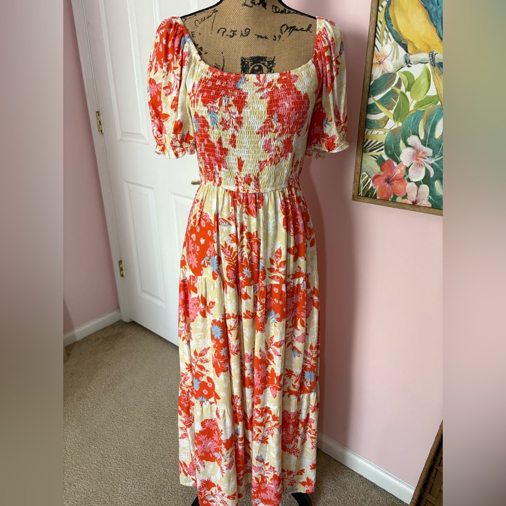 NWOT- Floral Smocked Maxi Dress in Cream and Orange